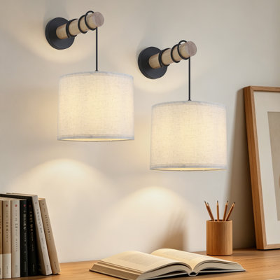 Mckella 1 - Light Modern Farmhouse Wall Sconces With Wooden Arm And Fabric Linen Shade(Set of 2)