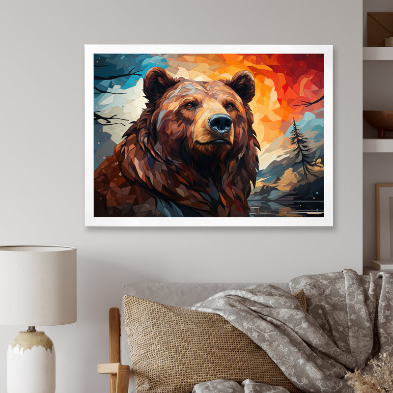 «Deavion Bear Majestic Geometric I», art mural pour salon, H 12 po x l 20 po x P 1 po, Cadre simple blanc