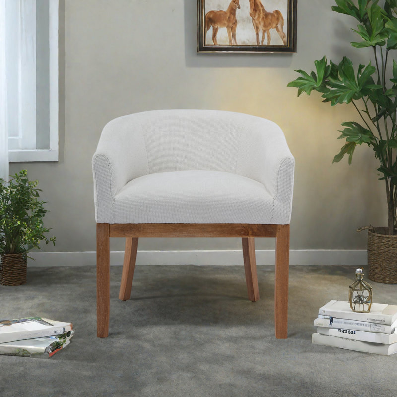 Chaise de salle à manger demi-tonneau moderne simple, revêtement en lin avec structure en bois d'hévéa massif, fauteuil d'appoint