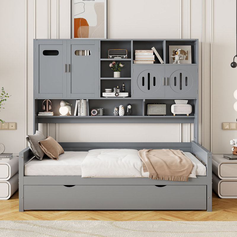 Lit de jour simple avec couchette et armoires de rangement à DEL, Lit simple