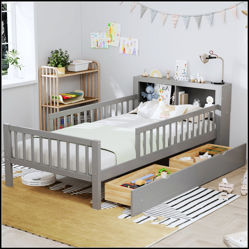 Lit avec rangement pour tête de lit, tiroirs sous le lit et garde-corps de sécurité pour un maximum de confort et d'organisation