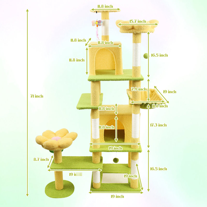 Arbre à chat jaune à motif floral de 180 cm avec coussin fleuri amovible, larges et multiples surfaces à griffer pour que les chats puissent se dépenser. Design haut et enchanteur, idéal pour les chats de très grande taille.