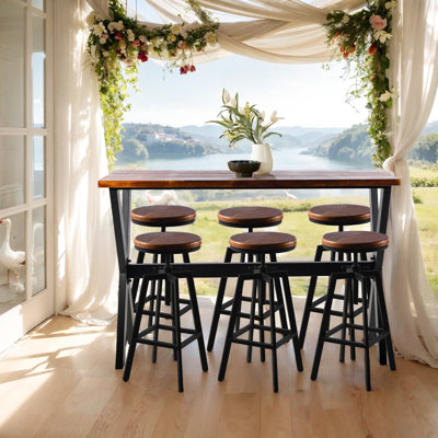 Set Of 7, Table & Chairs Set, Space-Saving Furniture For Home Bar Dining Cafe Pub Party, Industrial Black Metal & Rustic Brown Wood, Heavy Duty, X-Leg Rectangular Table, 6 Swivel Adjustable Bar Stools