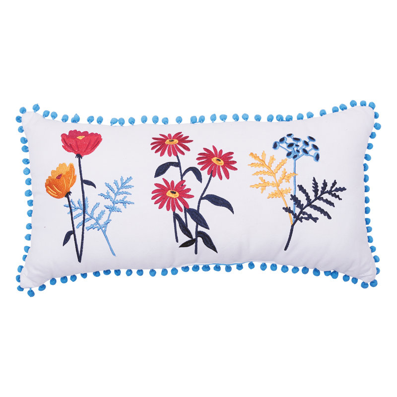Lola 12"x24" White Cotton Embroidered Floral Pillow with Pom Pom Edges