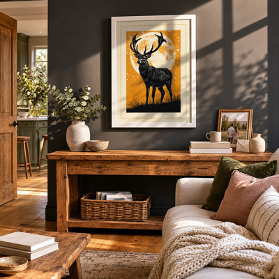 Stag Against Moonlight Scandinavian - Framed Print