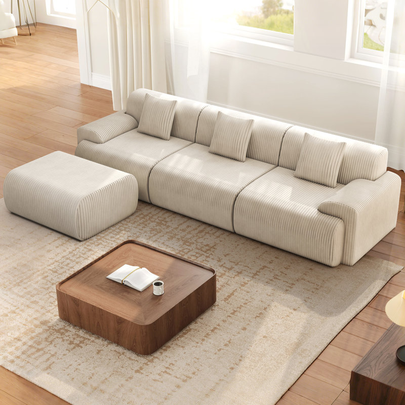 Boneless 118" Modern L Shaped Modular Sectional Sofa, Boneless Cloud Couch With Ottoman, Oversized Corduroy Couch Deep Seat, 30D Sponge For Indoor Living Room, No Assembly Required