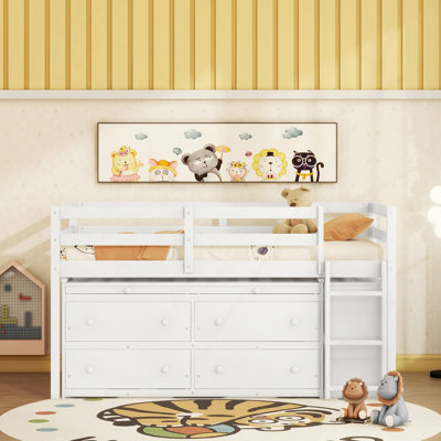 Loft Bed With Retractable Writing Desk And 4 Drawers, Wooden Loft Bed With Lateral Portable Desk And Shelves, White
