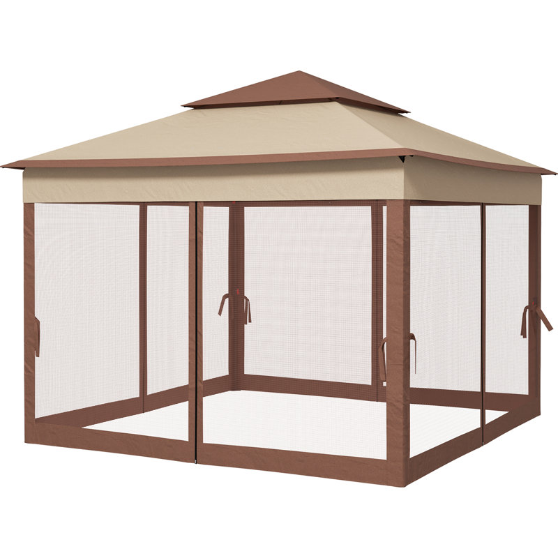 Abri escamotable 11 'X. Pavillon de jardin extérieur avec filet amovible. Tente instantanée pour le plaisir du patio. Kaki. Fabrication stable en métal double. Passez un bon moment à l'extérieur.