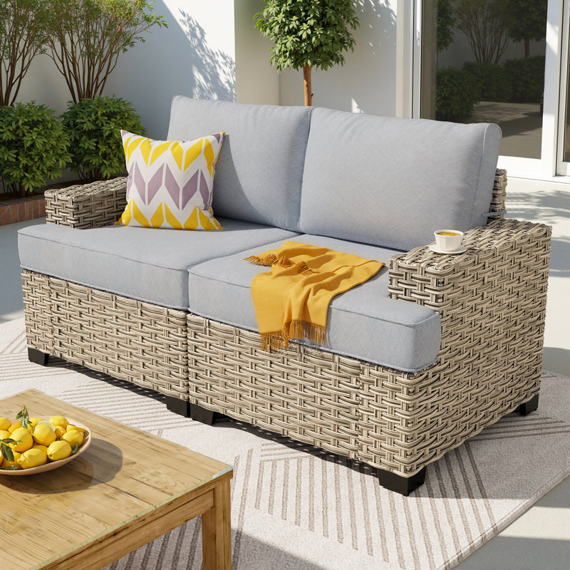 Carolle Modern Outdoor Pe Wicker Sofa With Cushions, Wide Armrests, Weather-Resistant Patio Seating, Light Gray