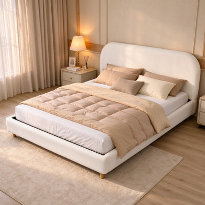 Lit tapissier, tête de lit épaisse incurvée en tissu Boucle, pieds en bois massif, blanc, cadres de lit seulement