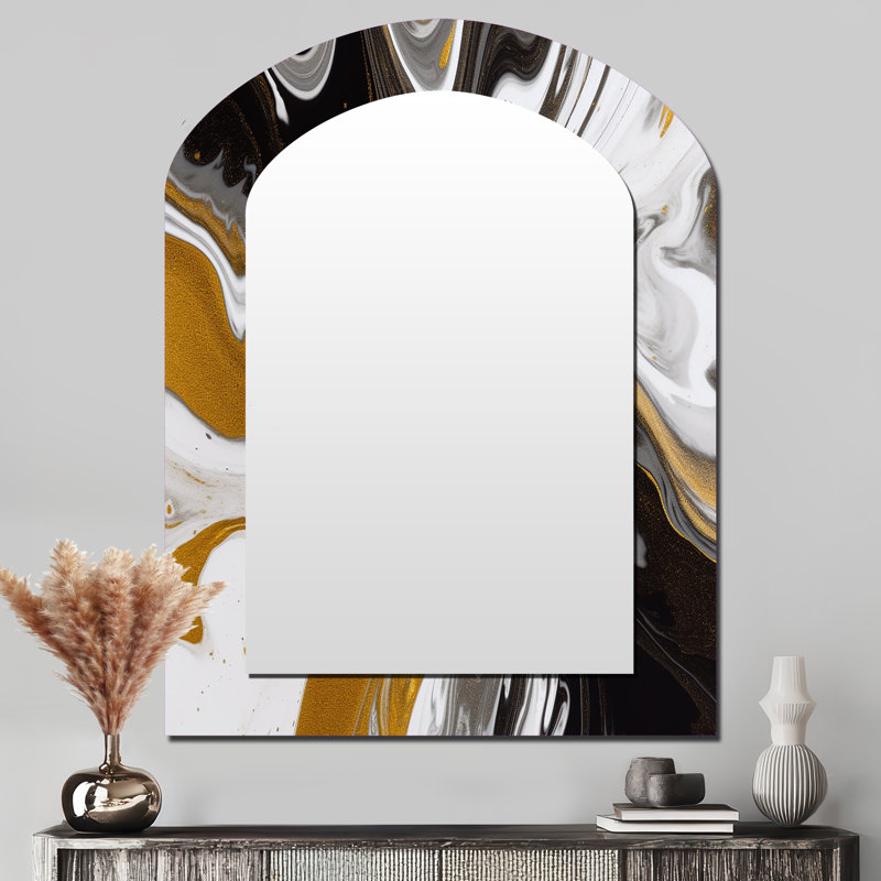 Or noir symphonie de marbre - décor de miroir mural unique arche abstraite, grand miroir asymétrique doré, impression d'art en métal