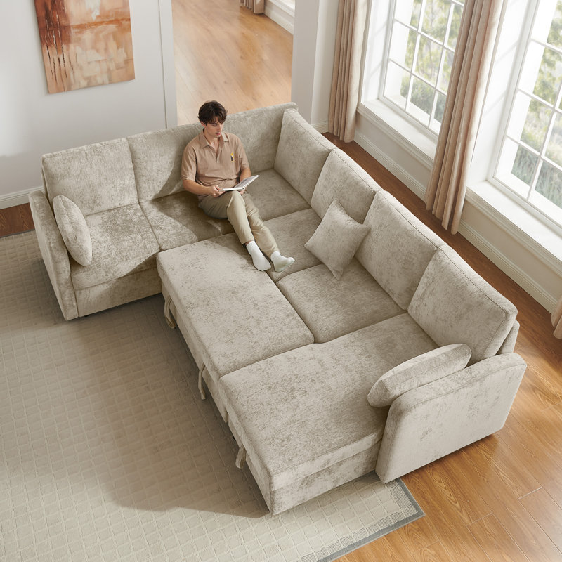 Modern Sofa With Storage Chaise And Pull-Out Sleeper, Camel