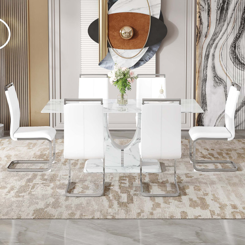 Table and chair set.Modern Simple Marble Pattern, White, 7, White/Silver
