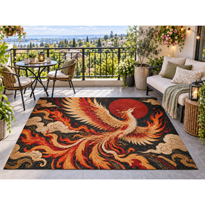 Tapis d'extérieur 152 x 213 cm Phoenix Fire Red Sun, épais, imperméable, en PVC bouclé, résistant et à séchage rapide, idéal pour terrasse, balcon, entrée, VR et autres espaces extérieurs.