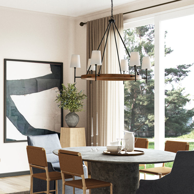 Large Matte Black and Light Wood Chandelier with White Fabric Shades