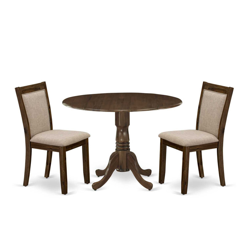 Ensemble de salle à manger 3 pièces pour petits espaces comprenant une table de salle à manger ronde avec Dropleaf et 2 chaises Parsons en tissu brun clair clair, 42 x 42 pouces, noyer naturel