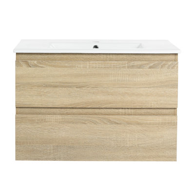 Meuble-lavabo mural 30 po avec lavabo en céramique et 2 tiroirs à fermeture en douceur - style chêne