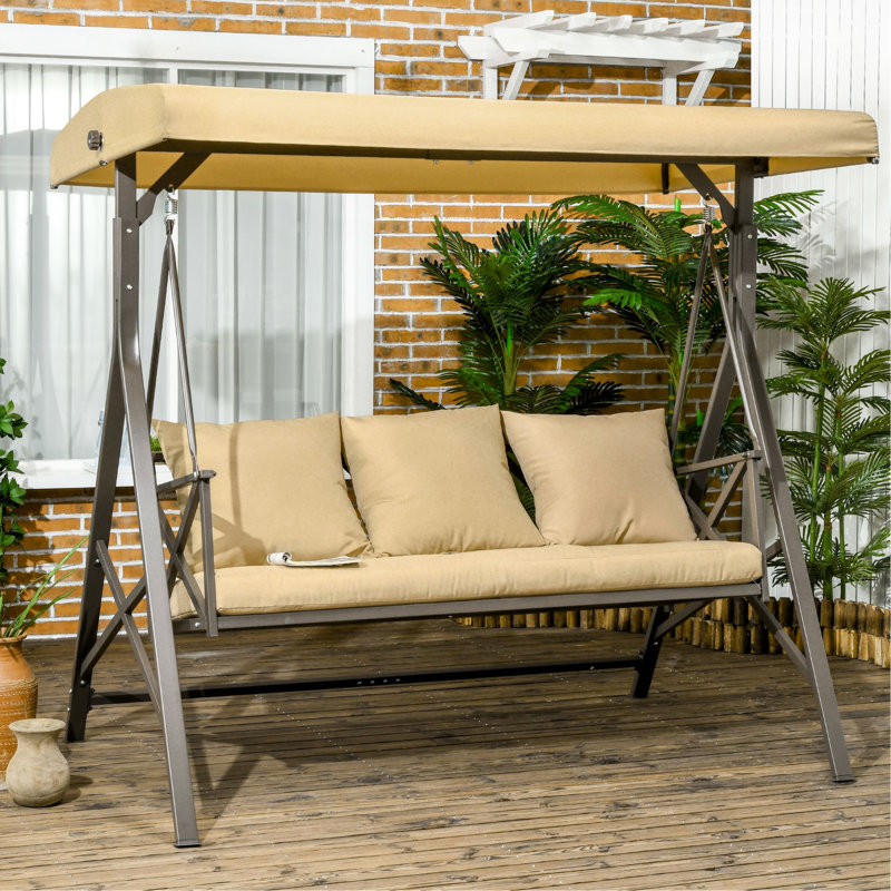 Balançoire d'extérieur avec auvent et coussin de siège confortable avec 3 grands coussins de détente réglables, brun