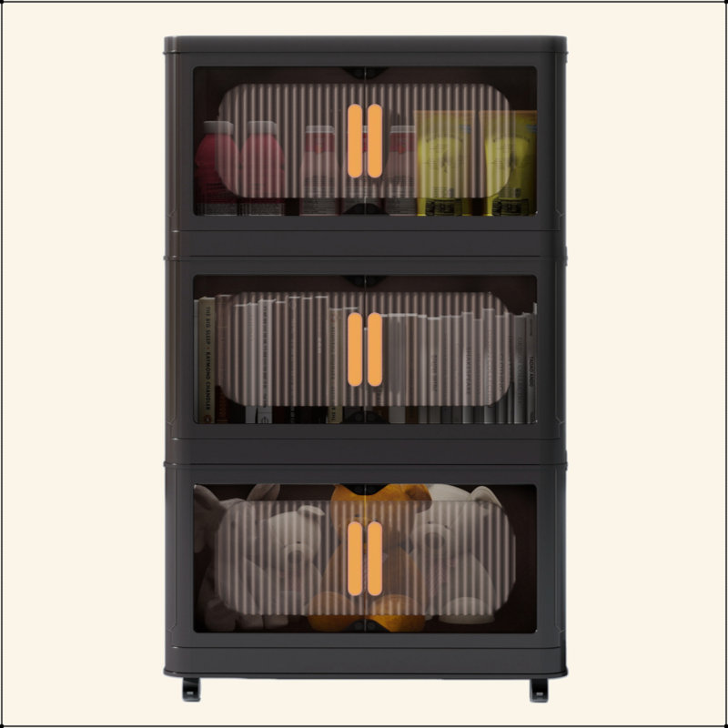 Black,19.69" Side Wide Folding Storage Cabinet ,3 Tiers,19.69"×11.81"×31.10",Collapsible Storage Bins With Magnetic Door, Plastic Storage Cabinet With Wheels
