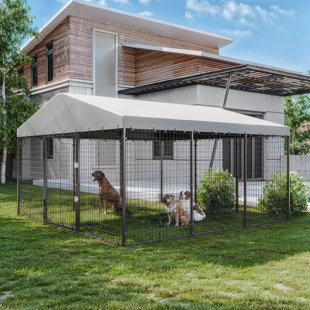 118" x 118" Temporary Outdoor Metal Dog Kennel Chicken Runs With UV-Resistant Roof Foldable Panels And Secure Frame Mesh Black