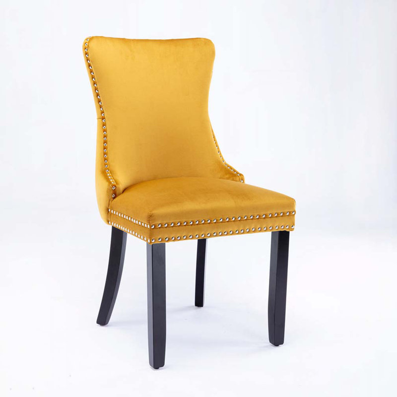 Ensemble de chaises de salle à manger rembourrées en velours avec dossier capitonné, pieds en bois, Doré, Noir