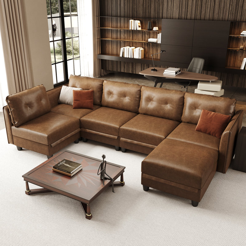 Modular Sectional Sofa With Storage, Modern Brown Faux Leather, Reversible Chaise, U Shaped Couch For Living Room, Waterproof & Easy Clean, 5 Seats With Ottoman
