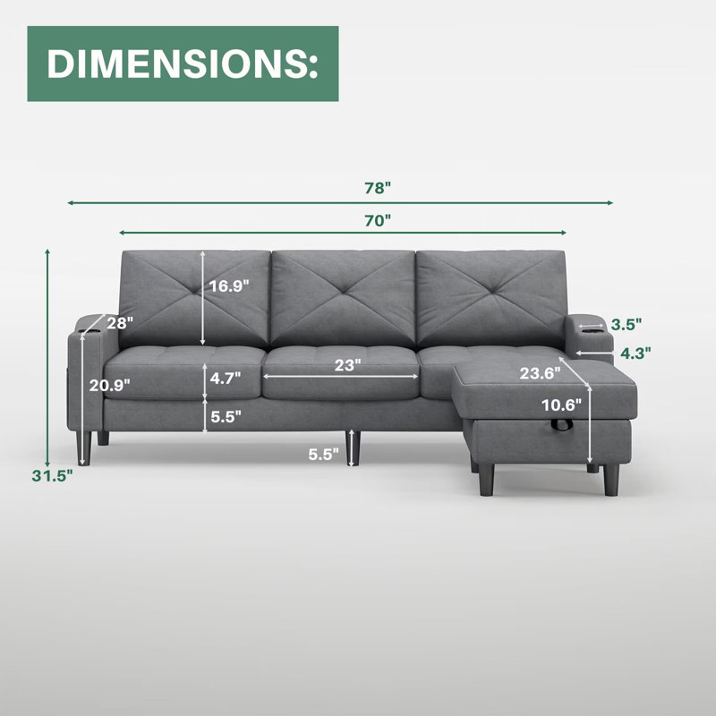 Canapé modulaire rembourré de 78 po avec méridienne Kimberlei, Tissu de lin gris, Mousse à mémoire de forme