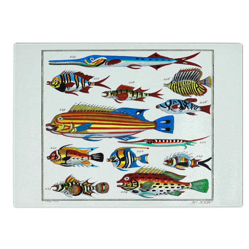 Glass Exotic Fish Illustration Chopping Board, 28.5 cm W x 20 cm L