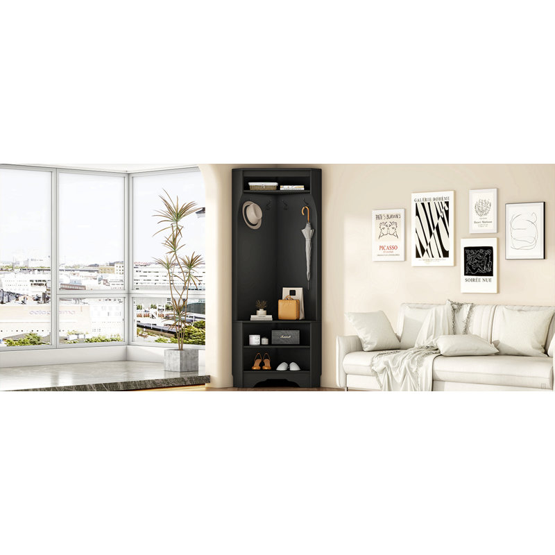 Corner Hall Tree With Shoe Bench, Versatile Entryway Coat Rack With 4 Hooks, Corner Cabinet With Adjustable Shelf