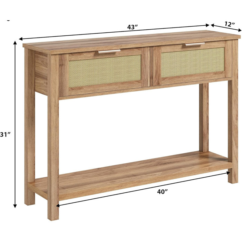 Console Table With 2 Rattan Drawers And Open Storage Shelf, Brown