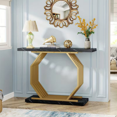 Gold Console Table, Faux Marble Entryway Table Narrow Sofa With Geometric Metal Base, 40 Inch Modern Accent Entrance For Living Room, Hallway, Foyer,