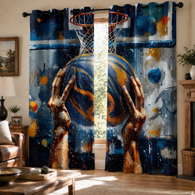 2 pièces de rideaux bloquant le soleil à motif artistique de basketball, thème énergique, coup de pinceau abstrait, décoration moderne pour le salon et la chambre à coucher pour la maison