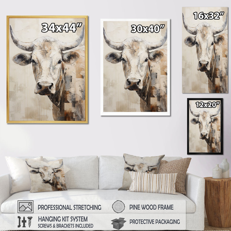 Beau portrait de bovin beige - salon d'art mural, H 40 po x l 30 po x P 1,5 po, Cadre flottant noir