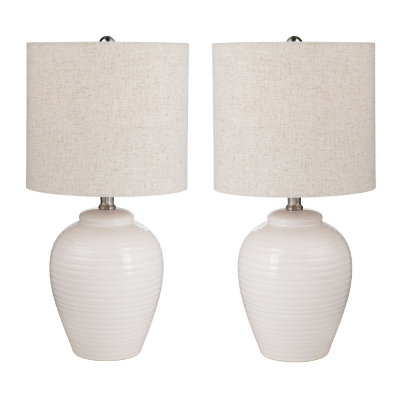 Lampes de table en céramique crème avec abat-jour en lin beige, Crème, crème