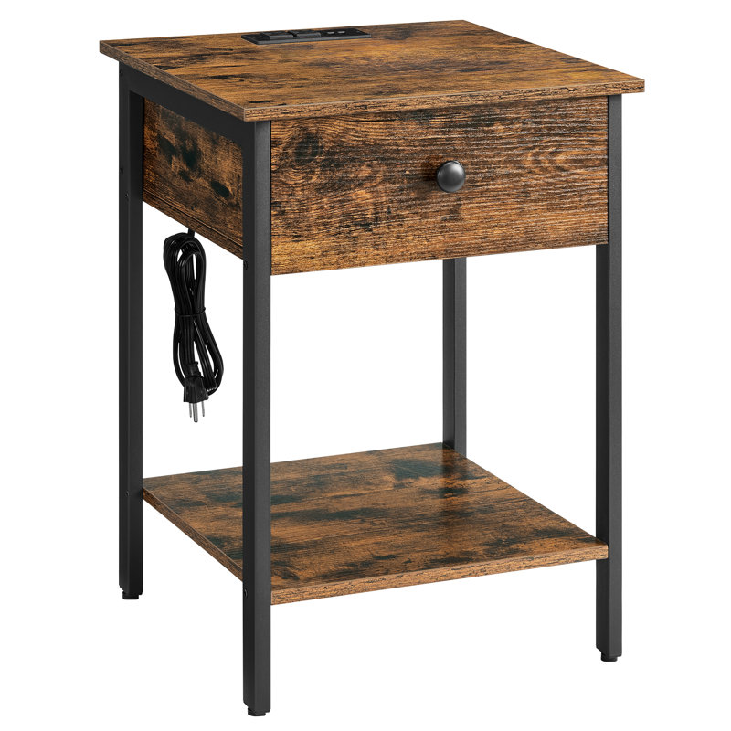 Table de chevet avec station de charge, table d'appoint avec tiroir et tablette ouverte Avenly