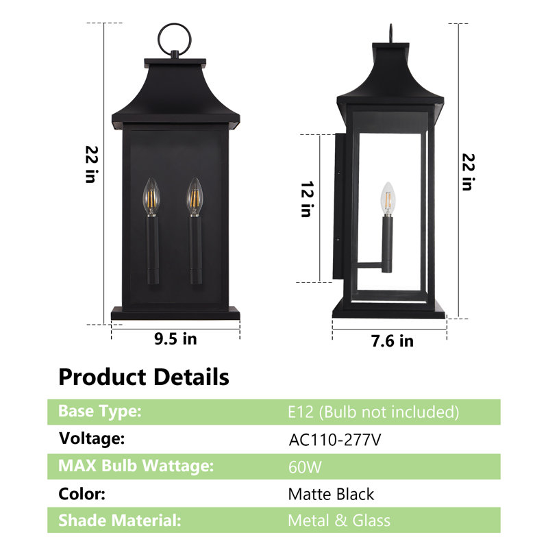 2-Light 22 In. Black Outdoor Wall Light Fixture, Waterproof  Wall Lantern Sconce Farmhouse Hardwired Wall Mounted Front Door Porch Light