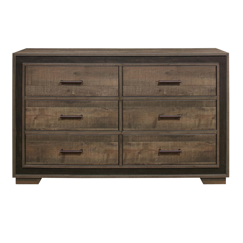 Commode en bois rustique à 6 tiroirs au fini ébène, mobilier de chambre moderne avec planches en bois d'acajou et glissières en métal