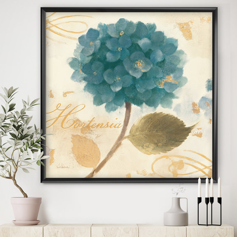 « blue maison fleur hortensia i », reproduction d’image sur toile, H 30 po x l 30 po x P 1 po, Cadre noir