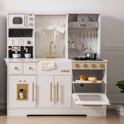 Large Preschool Kitchen Playset, Large Wooden Play Kitchen with Oven, Refrigerator, Coffee Machine and Microwave , Realistic Toddler Kitchen Set