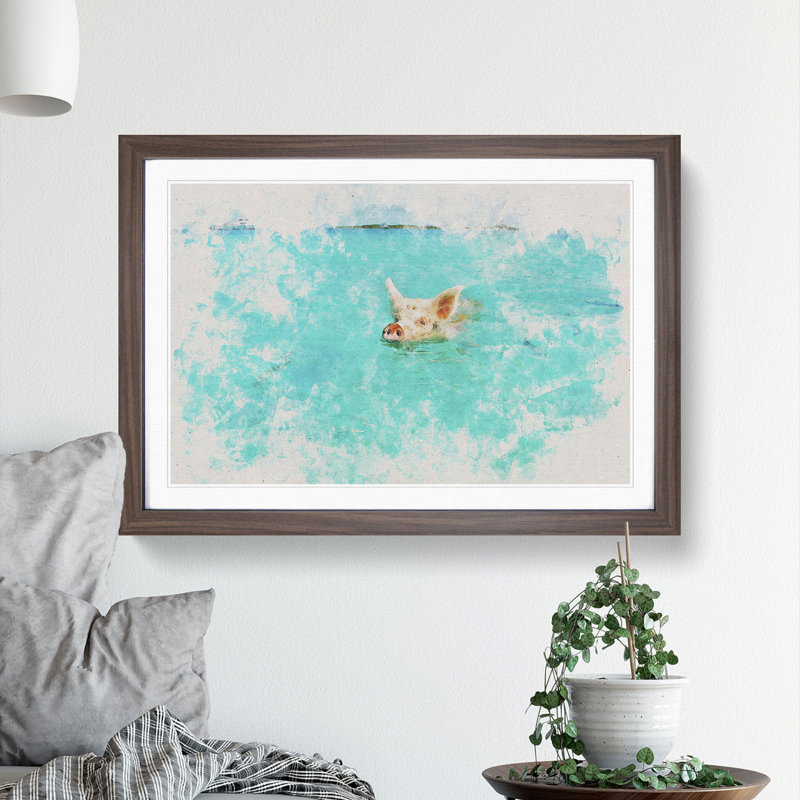 Swimming Pig - Picture Frame Painting, 27cm H x 36cm W x 2cm D, Walnut Framed