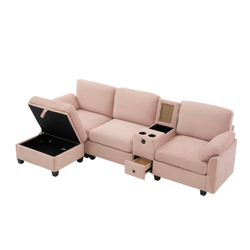 Sectional Sofa With Ottoman, Pink Corduroy
