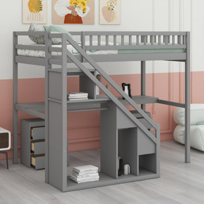 Lit mezzanine avec commode, bureau et bande lumineuse
