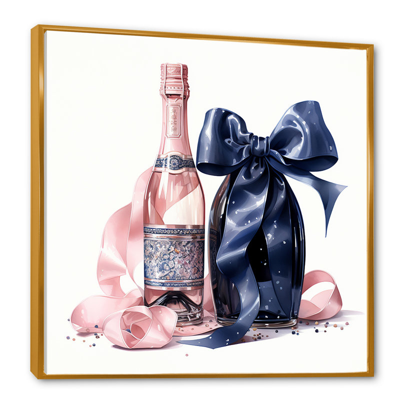 Mode rose et bleu champagne II - mode champagne, art mural, Cadre flottant doré, H 36 po x l 36 po x P 1,5 po