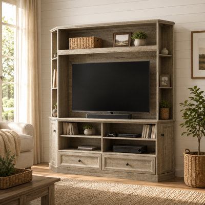 Jeffers 71" Corner Audio Tower For Tvs Up To 55", Mdf Wood Media Console With Adjustable Shelves & Cabinet Storage, Vintage Gray
