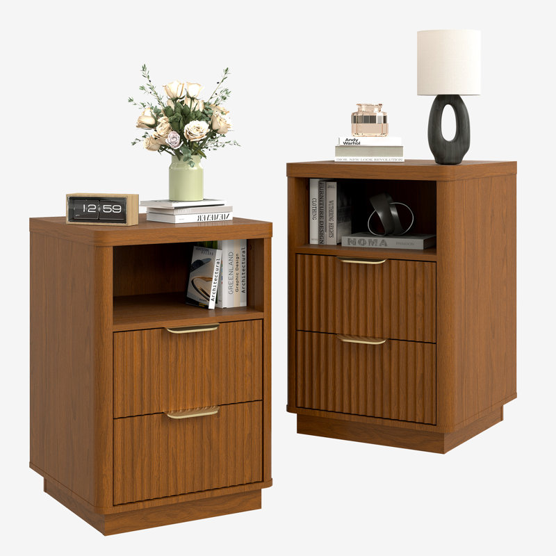 COCO DESIGN 2-Drawer Manufactured Wood Nightstands with Storage and Built-in Outlets, Brown (Set of 2), Brown