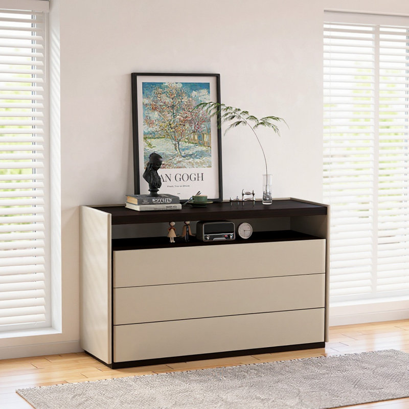 47.24 In. Modern medieval, 3-drawer bedroom vanity, wooden dresser with open shelves, living room storage vanity, wardrobe, entrance hallway, rustic dark wood grain finish - beige