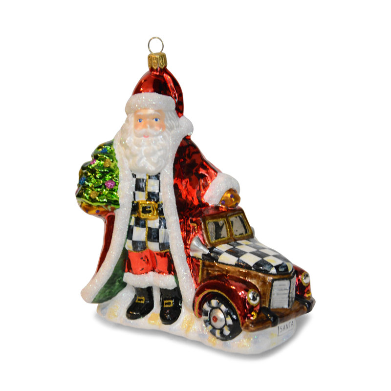 Santa With Truck Glass Ornament