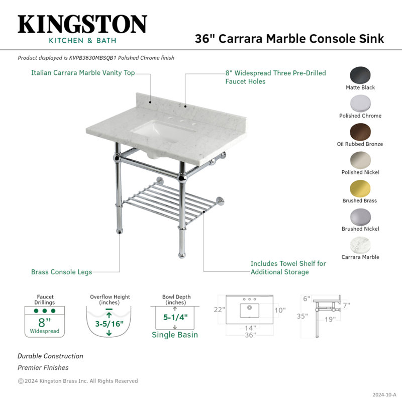 Kingston Brass Templeton 36-Inch Carrara Marble Console Sink with Brass Legs and Shelf (8-Inch, 3-Hole)