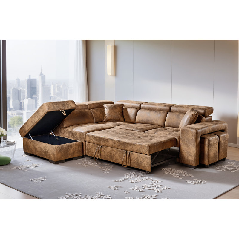 Corner Sofabed with Storage and Ottomans, Brown Microfiber / Microsuede, Left Hand Facing