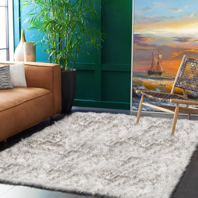 White Shag Faux Sheepskin Fluffy Fur Washable Area Rug with Gray Tip